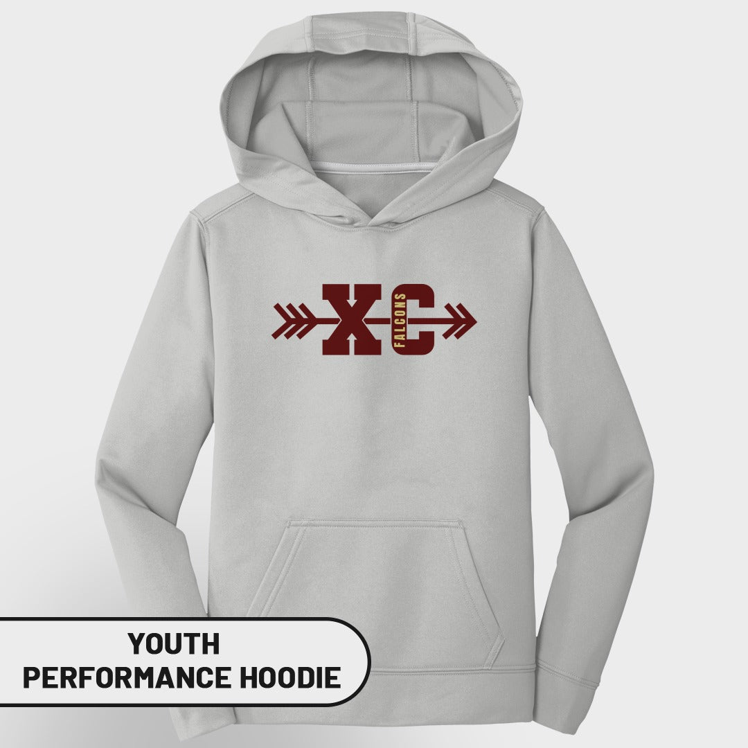 Grey youth performance hoodie with maroon XC Falcons logo.
