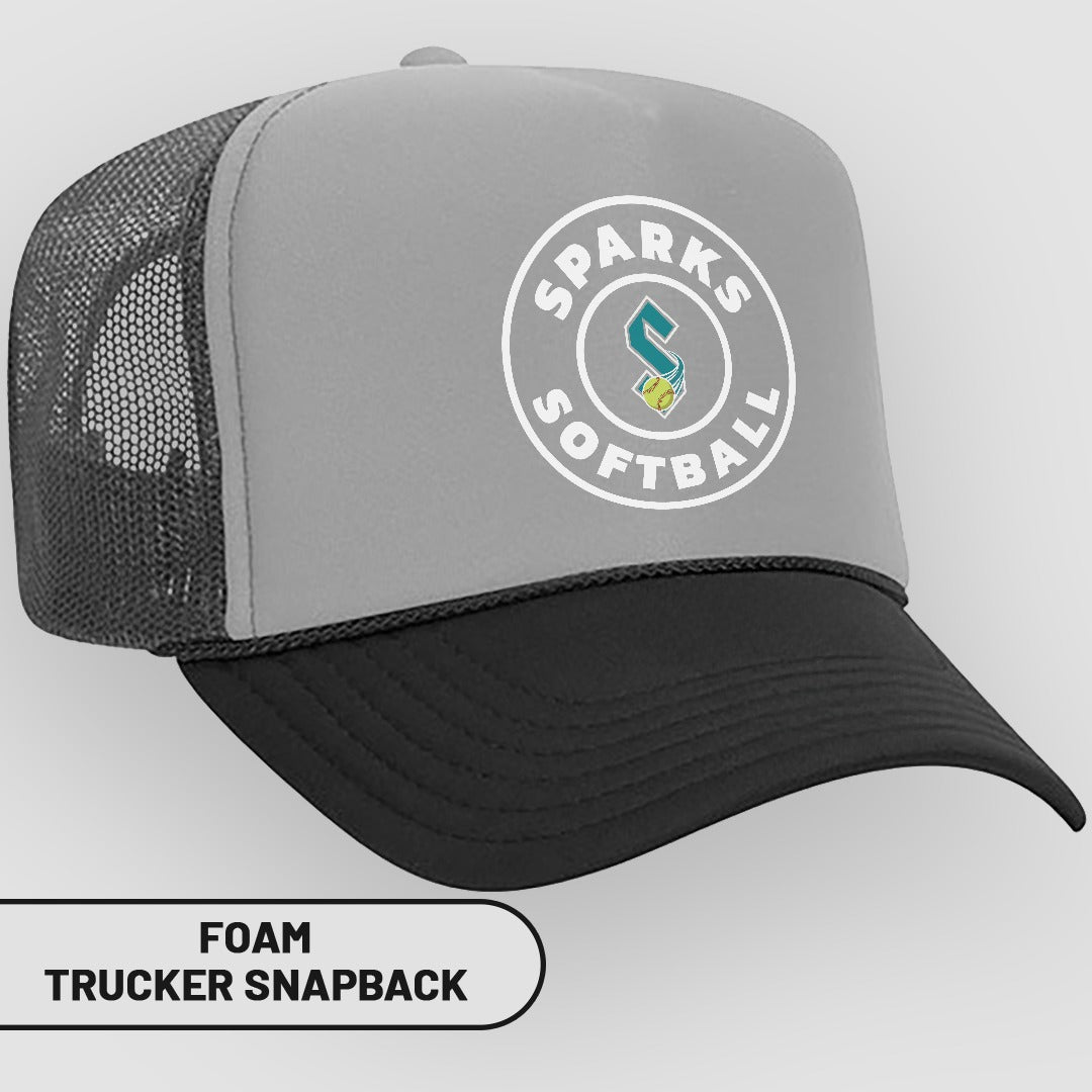 Gray and black foam trucker snapback cap with Sparks Softball logo.