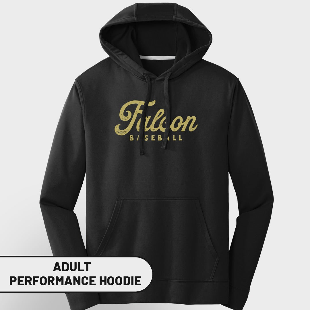 Black adult performance hoodie with gold "Falcon BASEBALL" text.