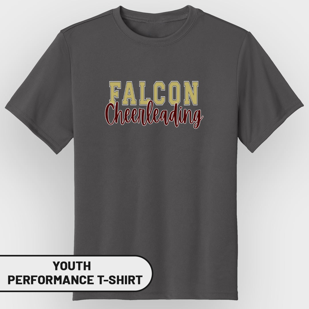 Youth charcoal performance t-shirt with "FALCON Cheerleading" graphic.