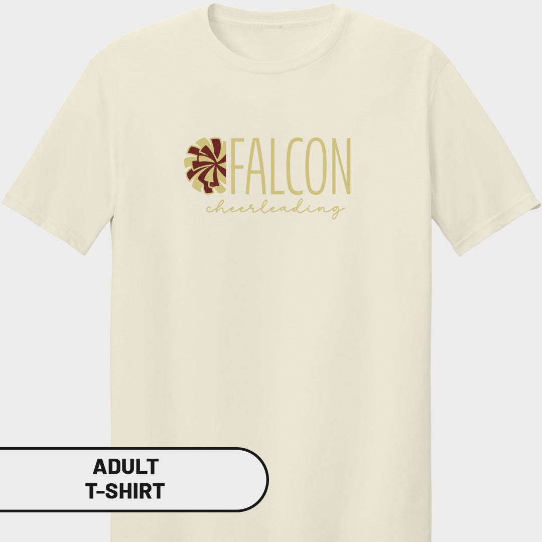 Cream t-shirt with "FALCON cheerleading" text and a starburst logo.