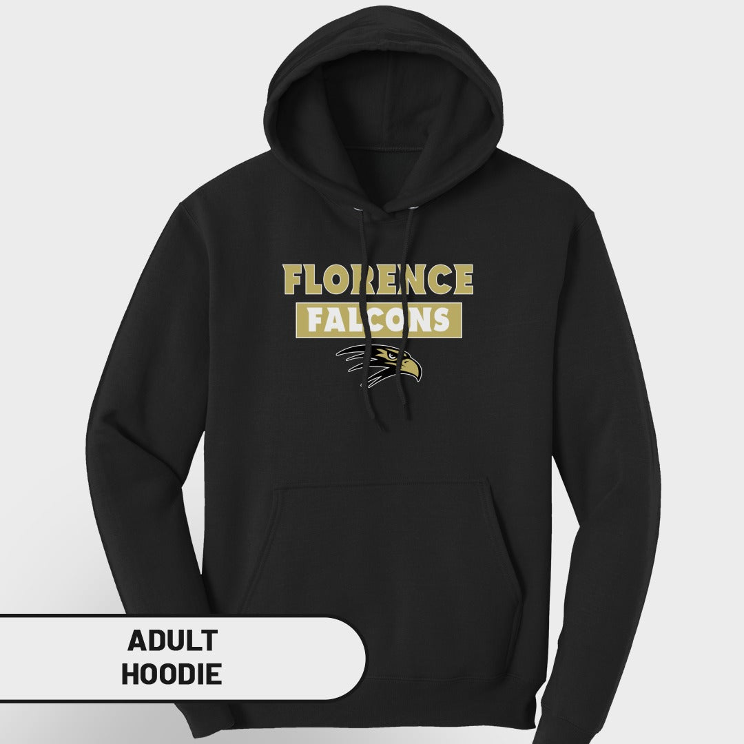 Black adult hoodie with "Florence Falcons" text and a falcon logo.