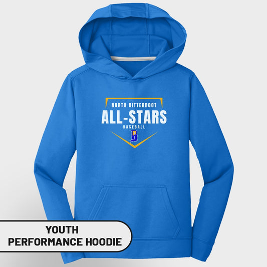 Youth North Bitterroot All-Stars baseball performance hoodie.