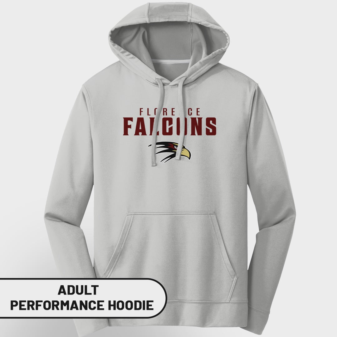 Light gray adult performance hoodie with "FLORE CE FALCONS" and a falcon logo.