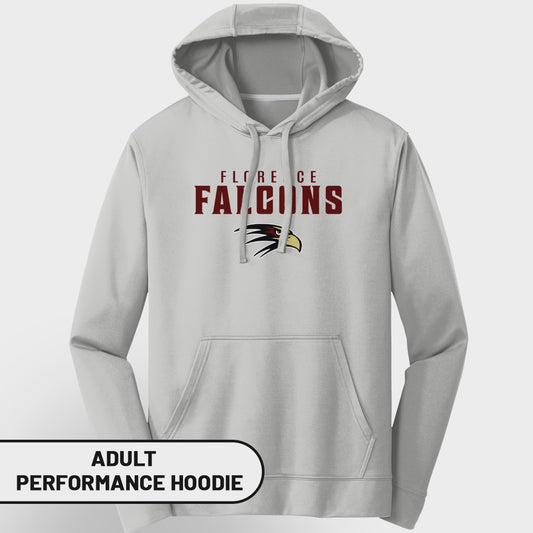 Light gray adult performance hoodie with "FLORE CE FALCONS" and a falcon logo.