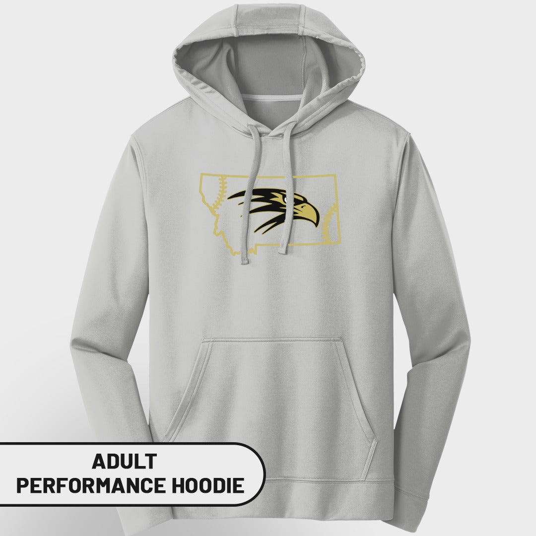 Light gray adult performance hoodie with a Montana outline and eagle logo.