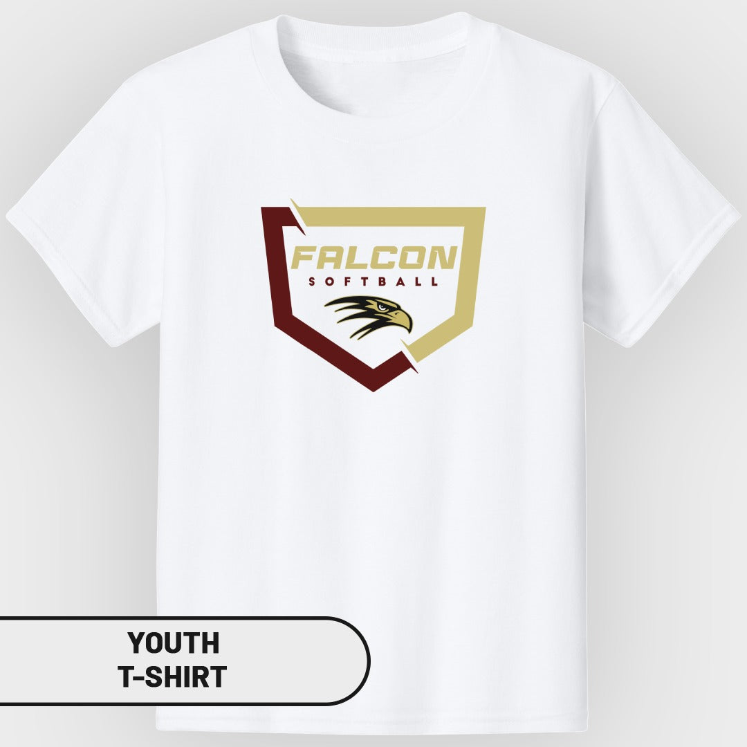 White youth t-shirt with "FALCON SOFTBALL" and eagle logo.