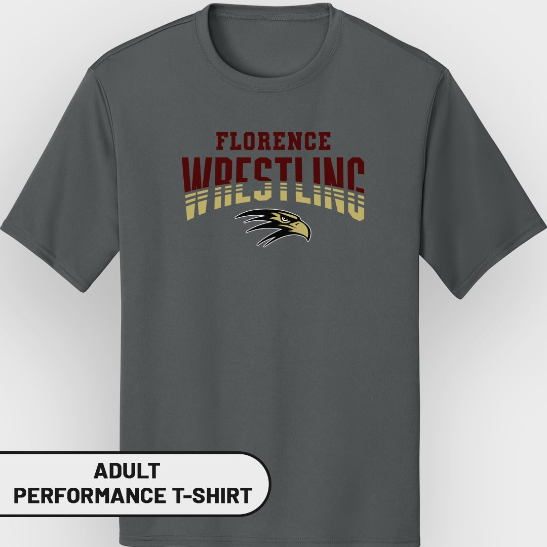 Grey adult performance t-shirt with "Florence Wrestling" and eagle logo.