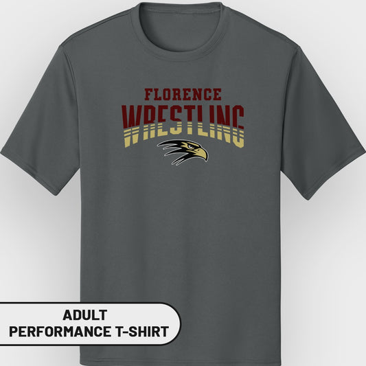 Grey adult performance t-shirt with "Florence Wrestling" and eagle logo.