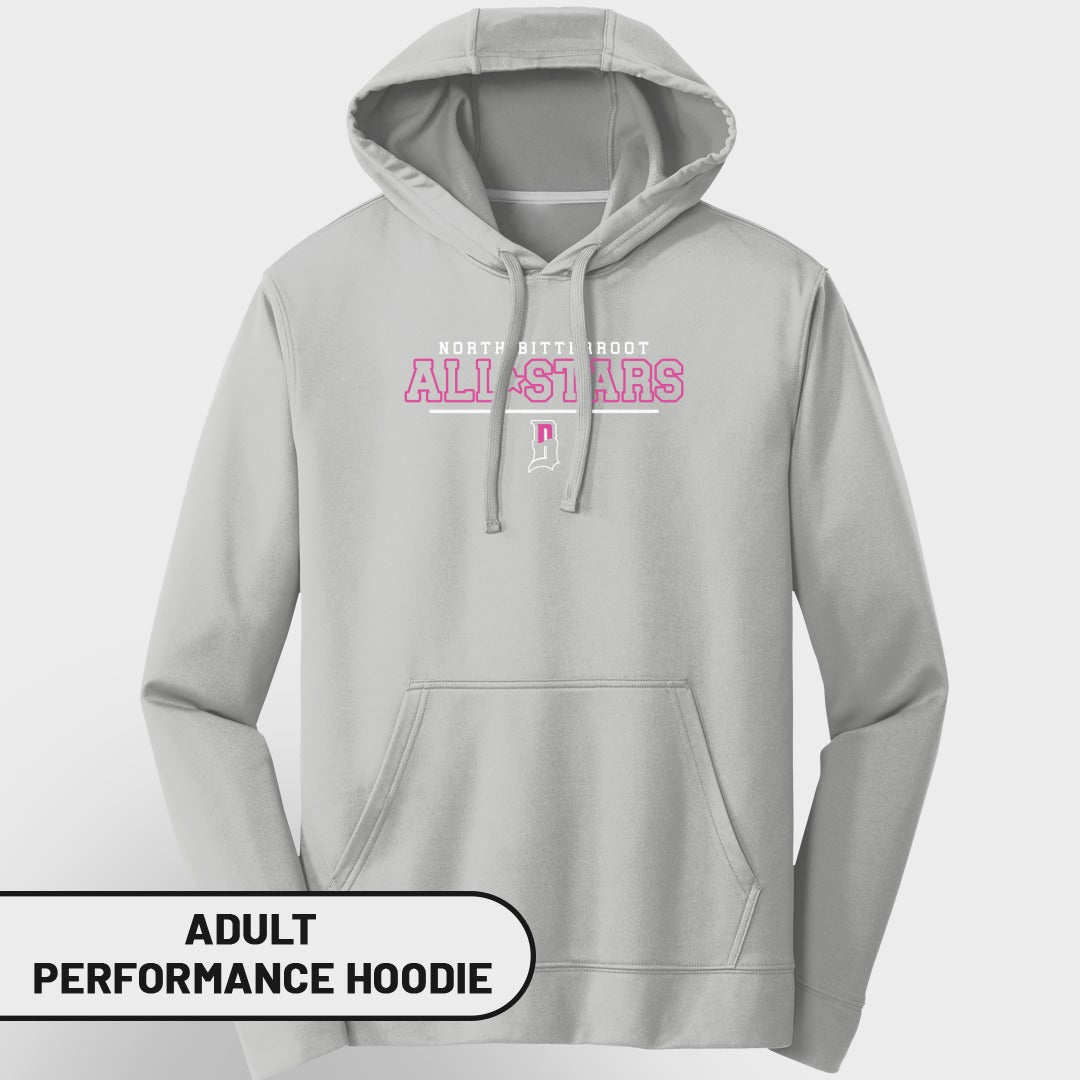 Light gray adult performance hoodie with "North Bitty Root All-Stars" text.