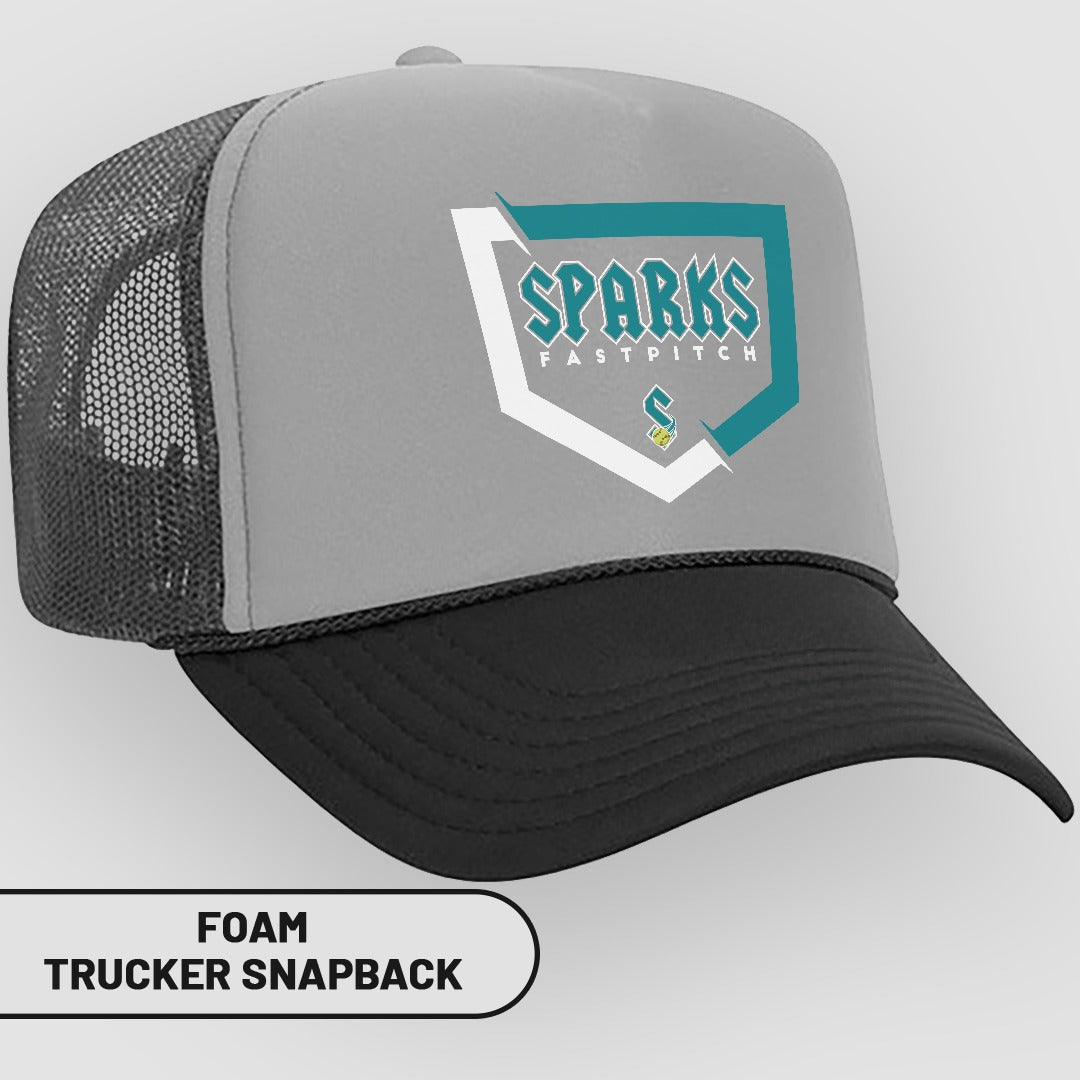 Sparks Fastpitch trucker snapback hat with gray crown and black brim.