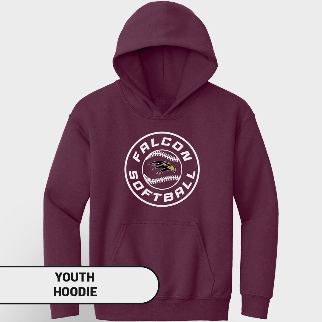 Maroon youth hoodie with a circular "Falcon Softball" logo featuring a bird.