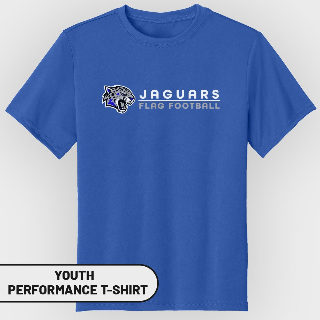 Blue youth performance t-shirt with Jaguars Flag Football logo.