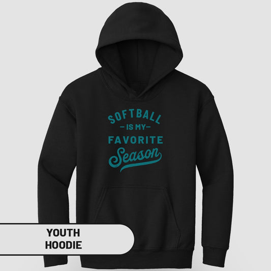 Black youth hoodie with "Softball is my favorite season" text.