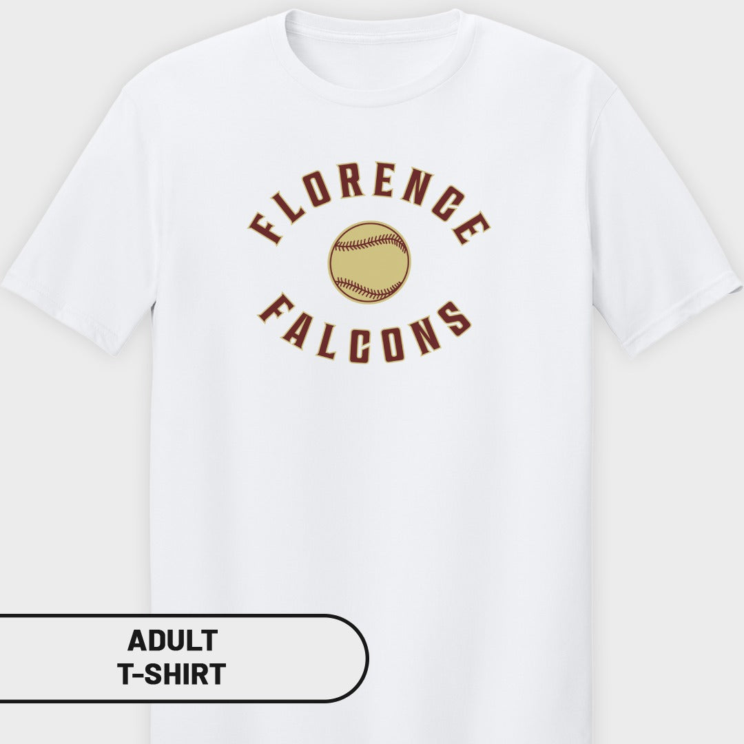 White adult t-shirt with "Florence Falcons" and baseball graphic.