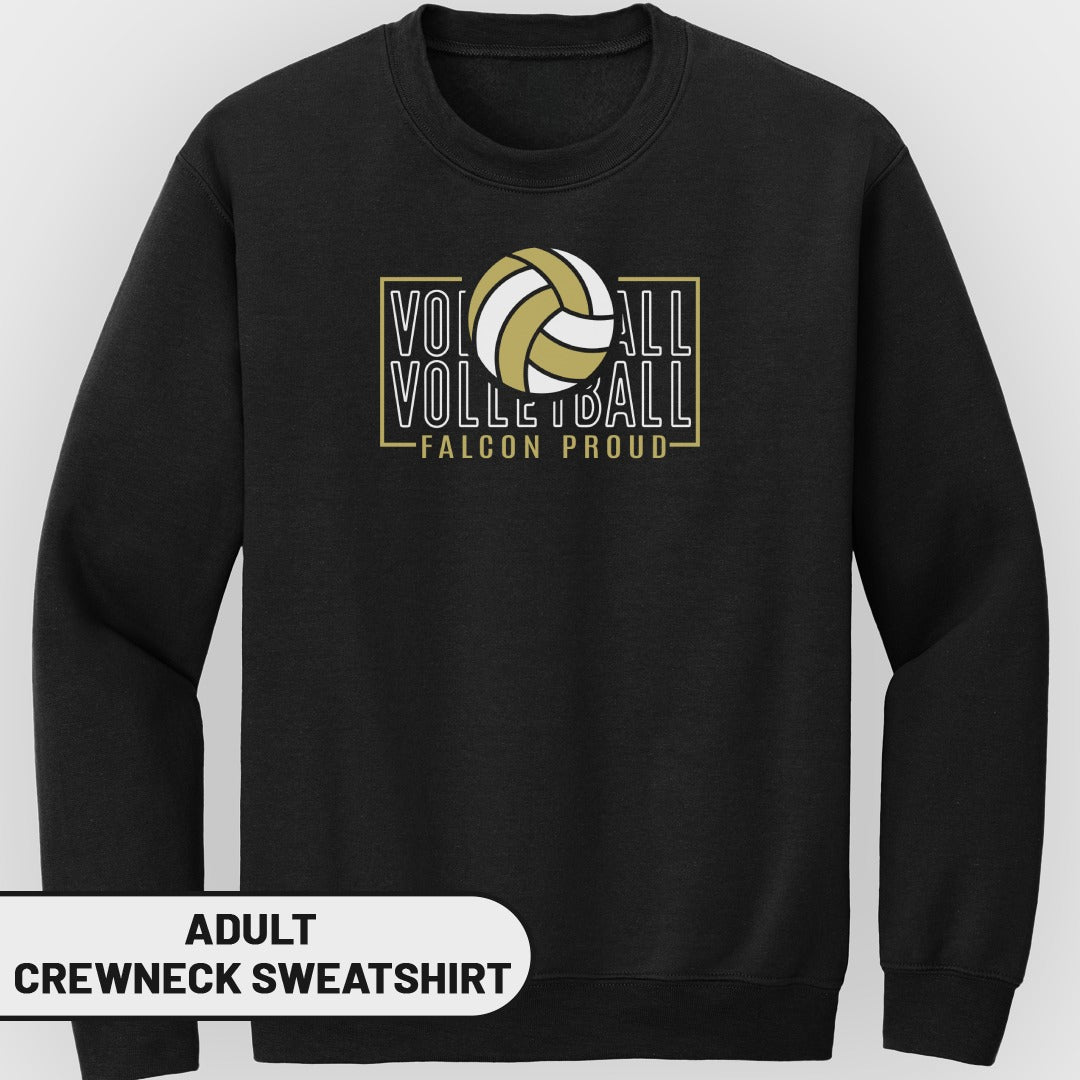 Black adult crewneck sweatshirt with "VOLLEYBALL FALCON PROUD" text and volleyball graphic.