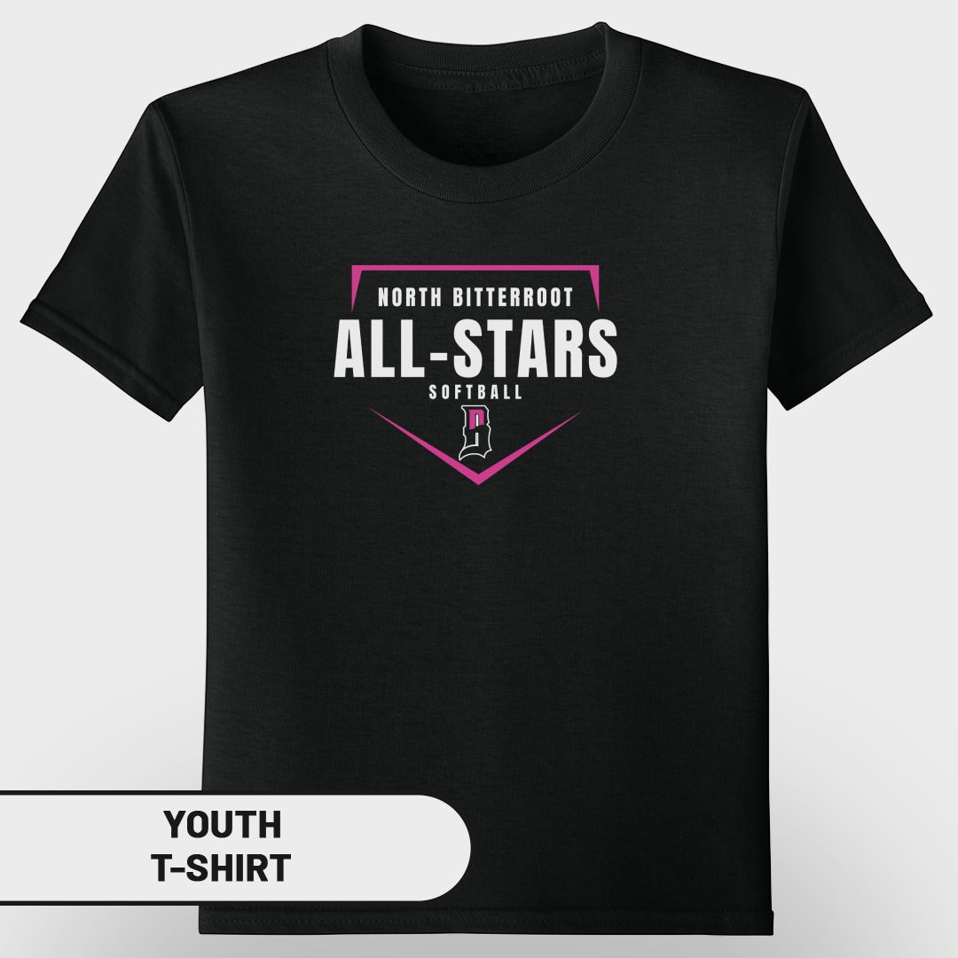Black youth t-shirt with "North Bitterroot All-Stars Softball" and a pink diamond logo.