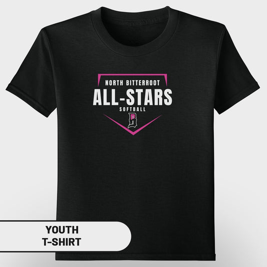 Black youth t-shirt with "North Bitterroot All-Stars Softball" and a pink diamond logo.