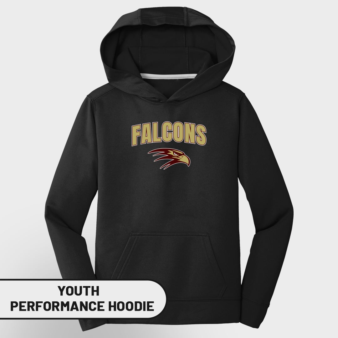 Black youth performance hoodie with "FALCONS" text and falcon logo.