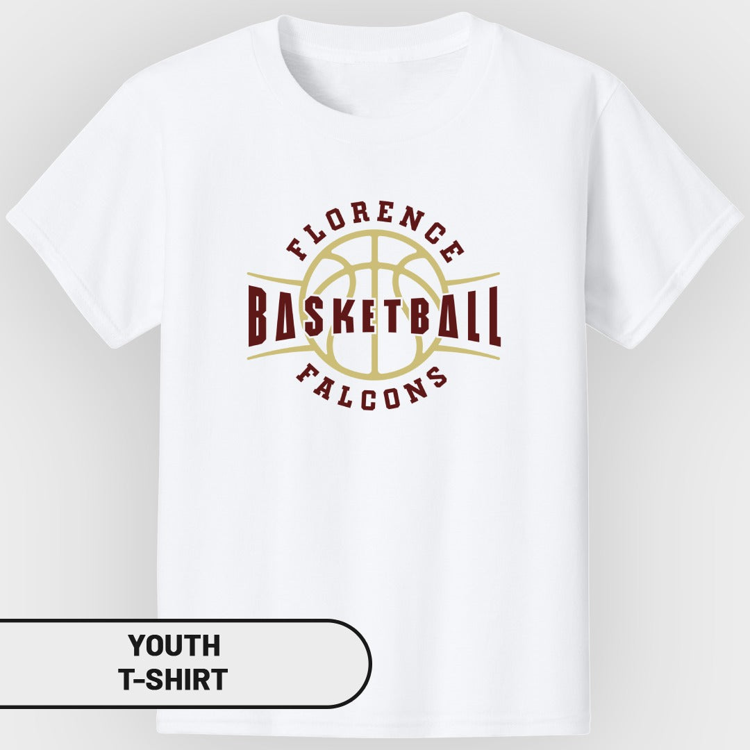 White youth t-shirt with Florence Falcons basketball logo.