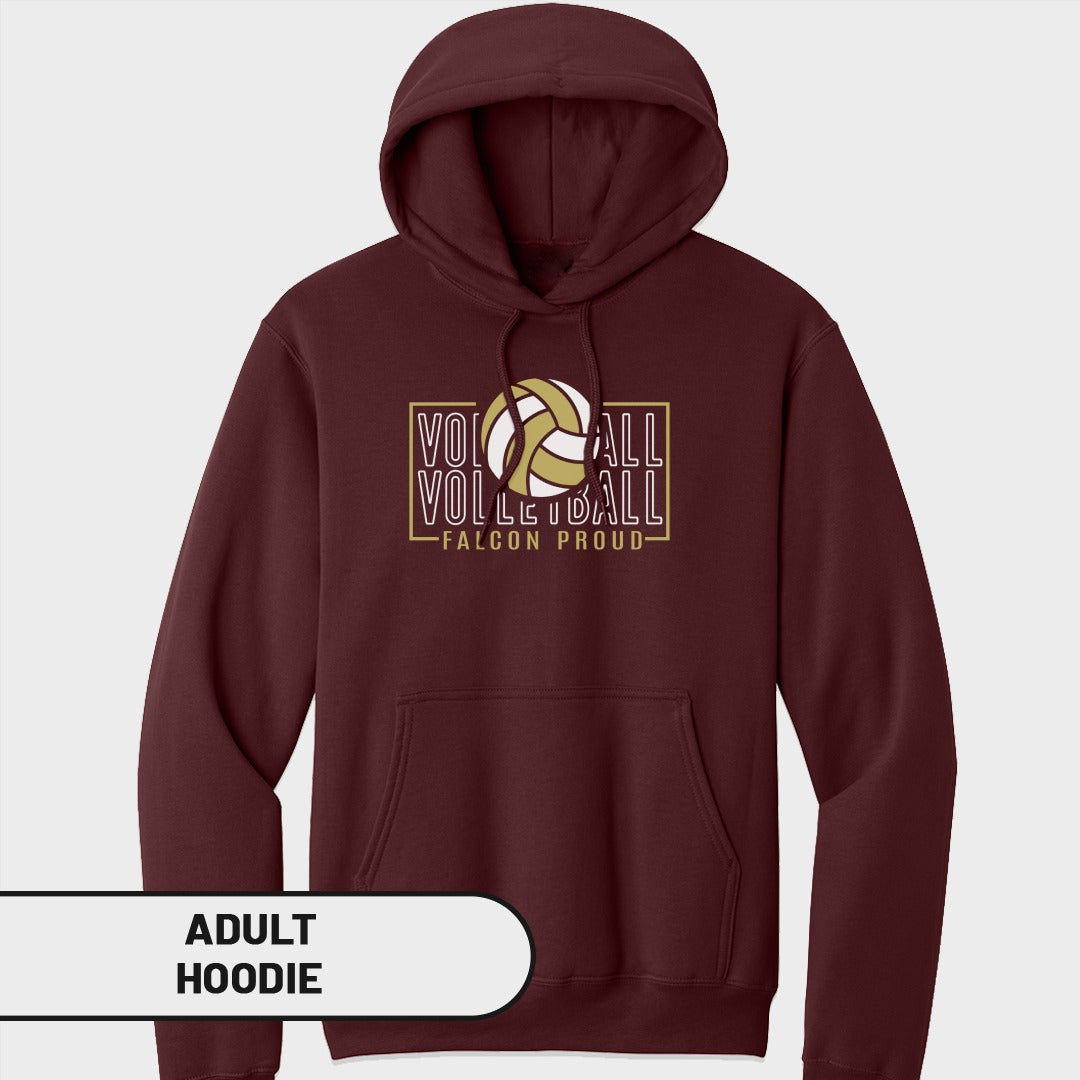 Maroon adult hoodie with "VOLLEYBALL FALCON PROUD" text and volleyball graphic.