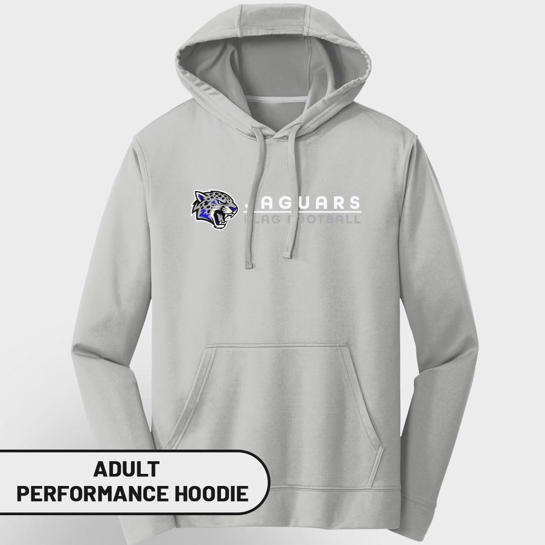 Light gray adult performance hoodie with Jaguars flag football logo and text.