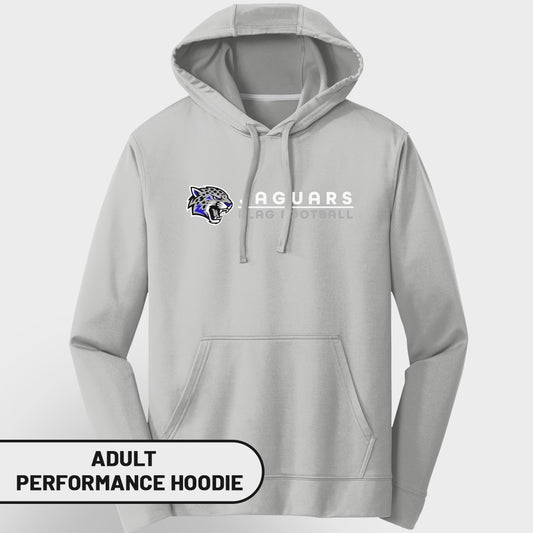 Light gray adult performance hoodie with Jaguars flag football logo and text.