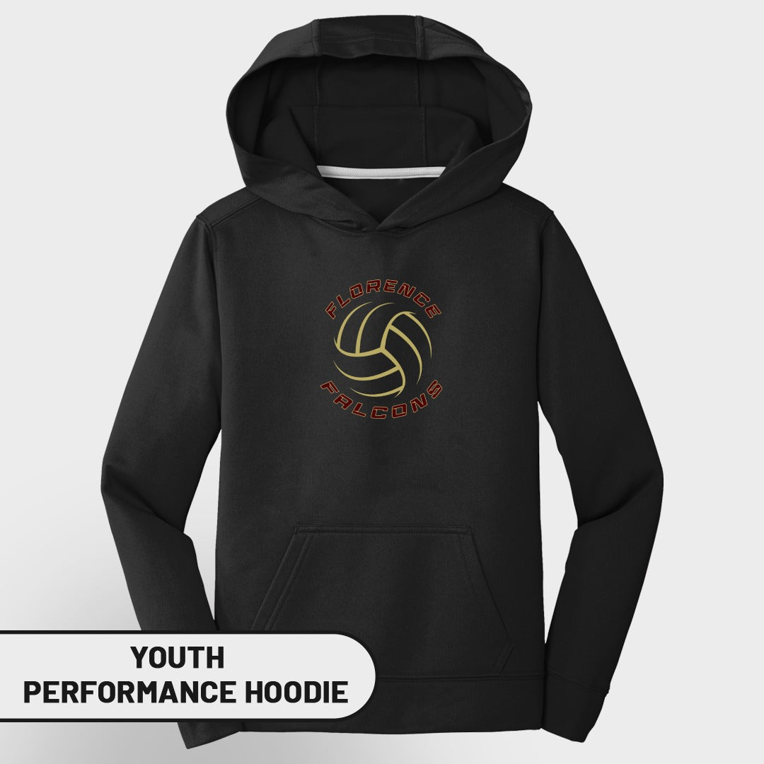 Black youth performance hoodie with Florence Falcons volleyball graphic.