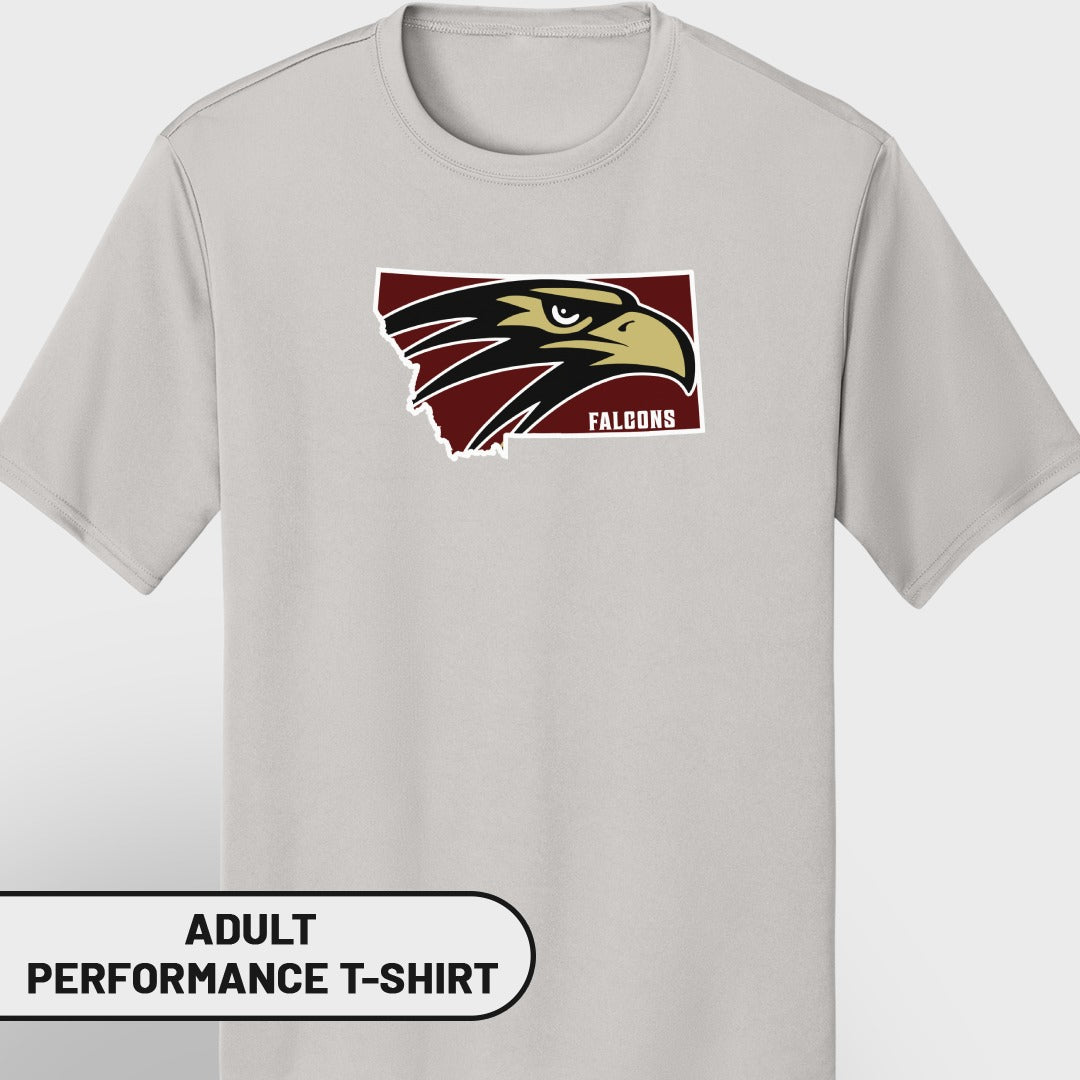 Light gray adult performance t-shirt with Montana map and falcon logo.