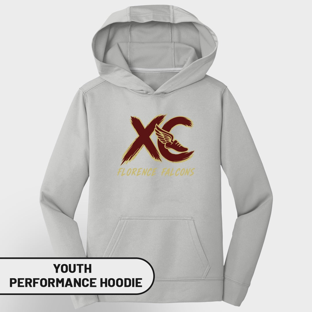 Light grey youth performance hoodie with "XC Florence Falcons" logo.