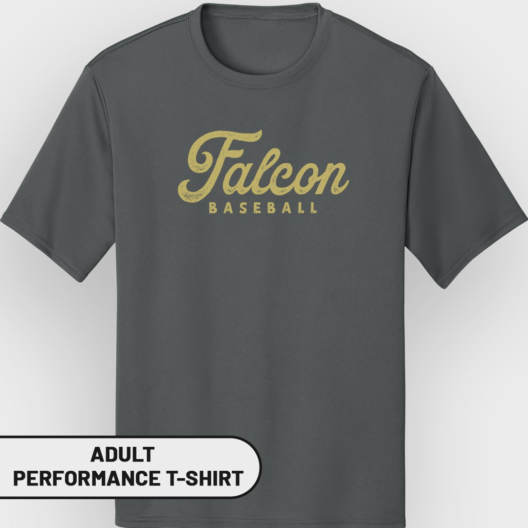 Dark gray adult performance t-shirt with "Falcon BASEBALL" text in distressed gold.