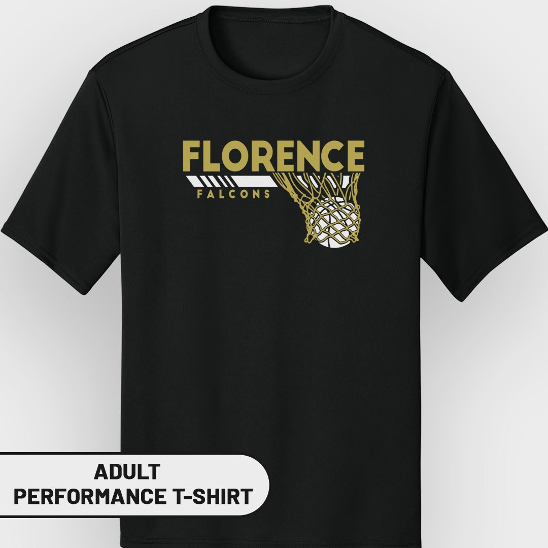Black adult performance t-shirt with Florence Falcons basketball graphic.