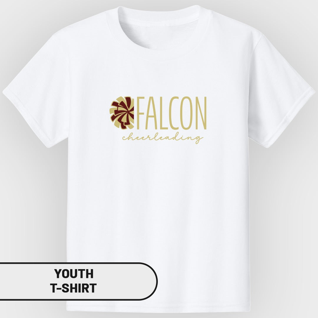 White youth t-shirt with "FALCON cheerleading" text and a pom-pom graphic.