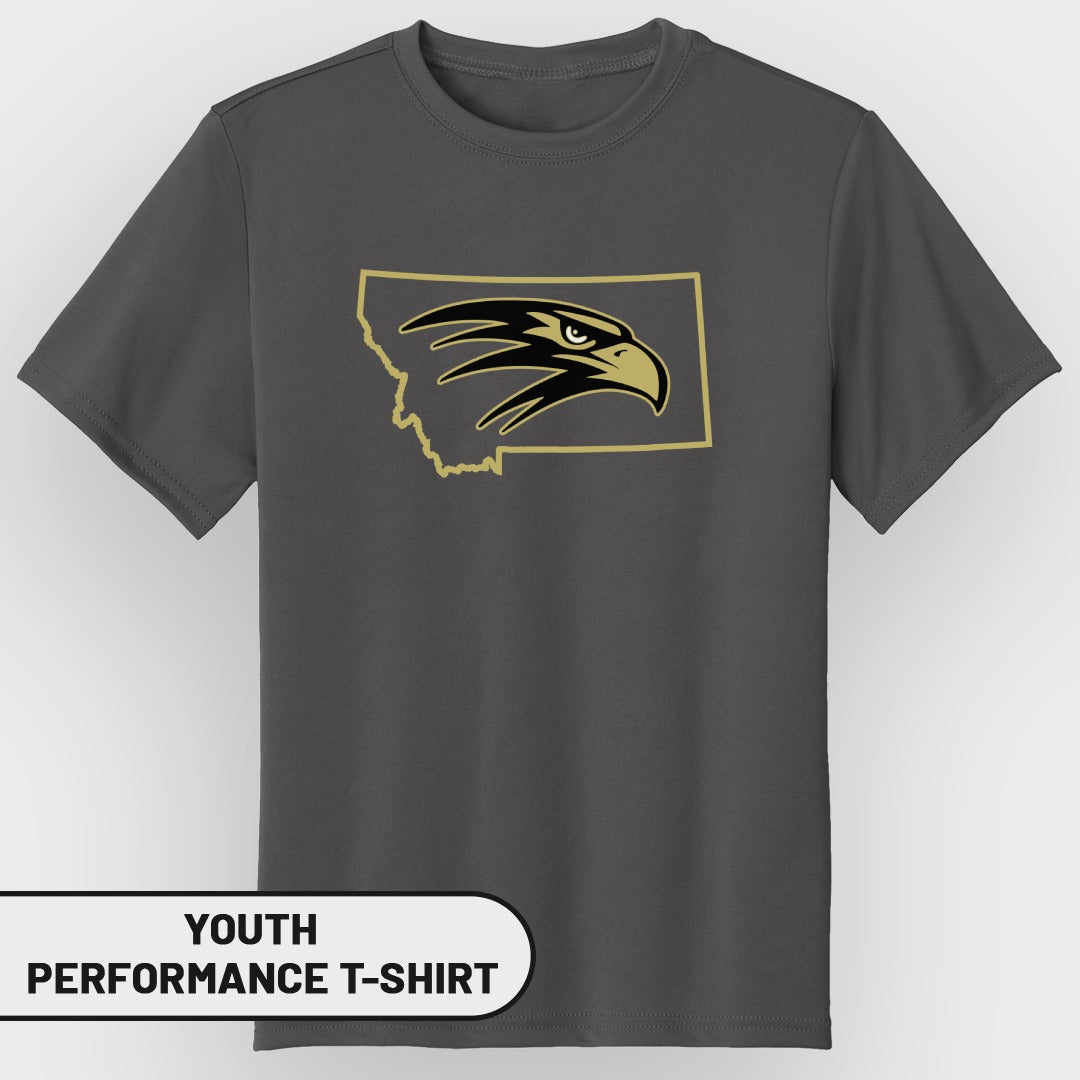 Youth performance t-shirt with Montana outline and eagle head logo.