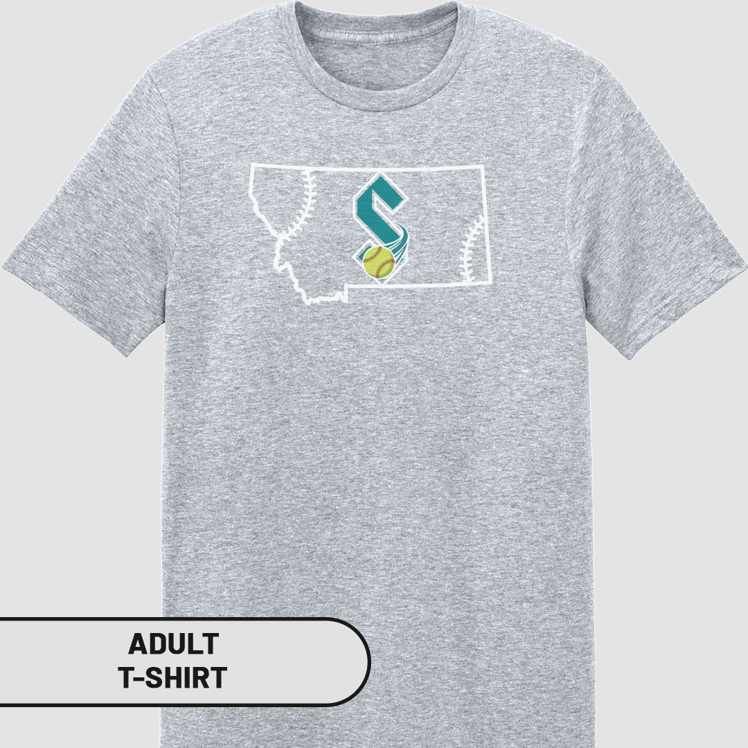 Grey t-shirt with a white outline of Montana and a softball logo.