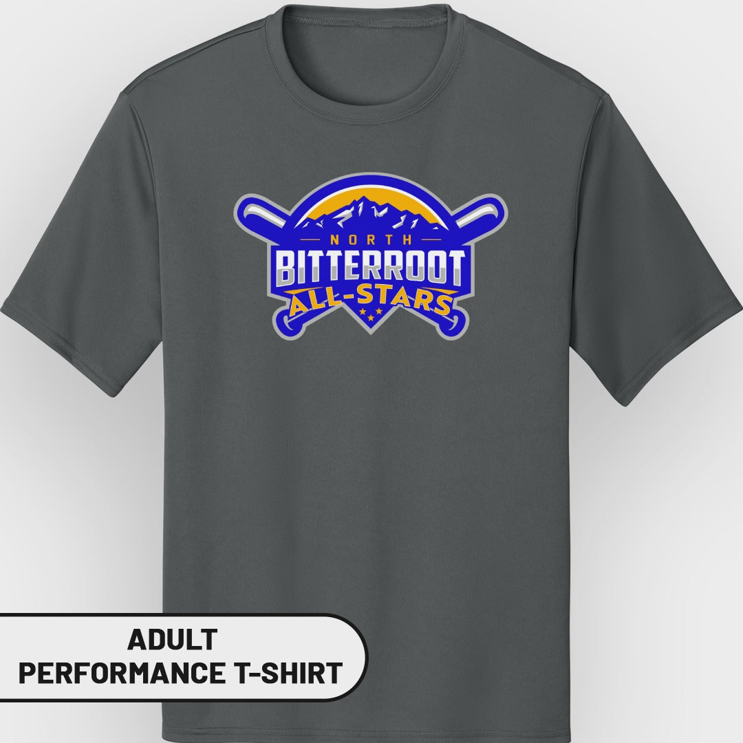 Dark grey t-shirt with "NORTH BITTERROOT ALL-STARS" logo.