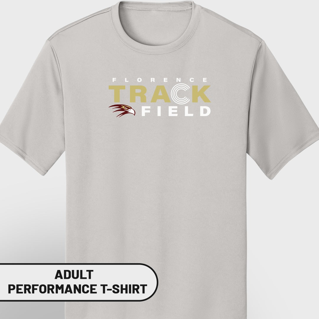 Light gray adult performance t-shirt with "Florence Track Field" text and eagle logo.
