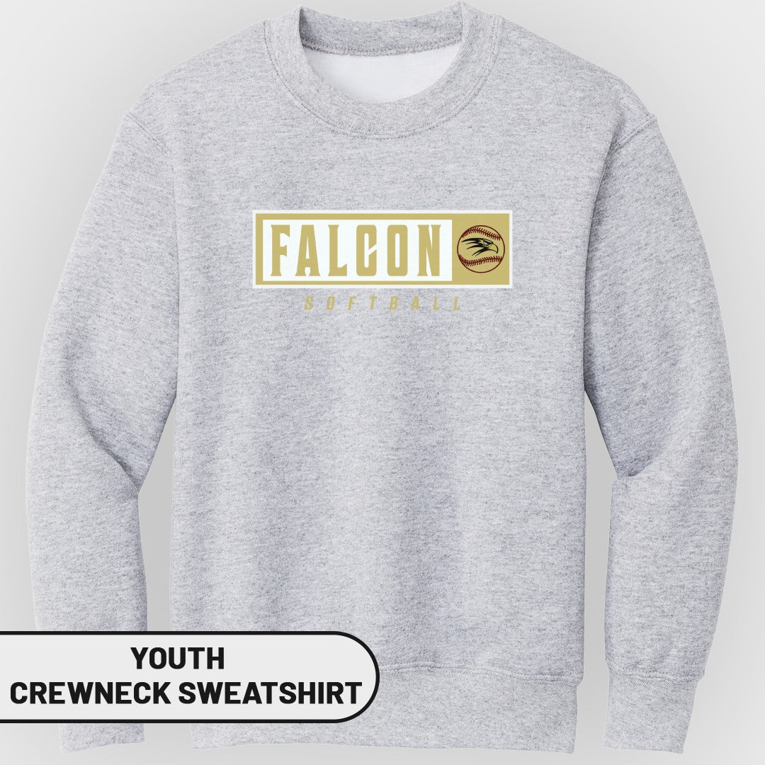 Light gray youth crewneck sweatshirt with "FALCON SOFTBALL" graphic and softball logo.