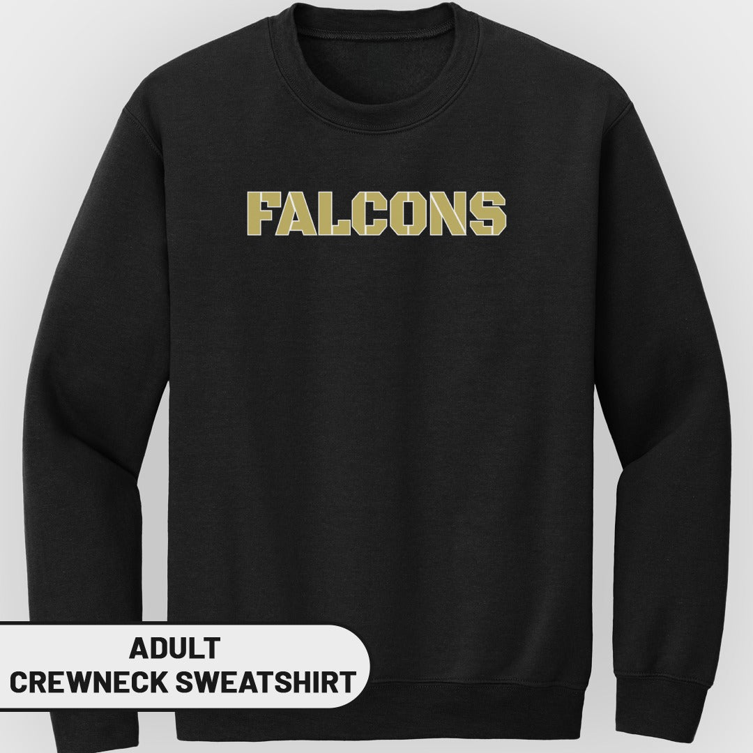 Adult black crewneck sweatshirt with "FALCONS" printed in gold.