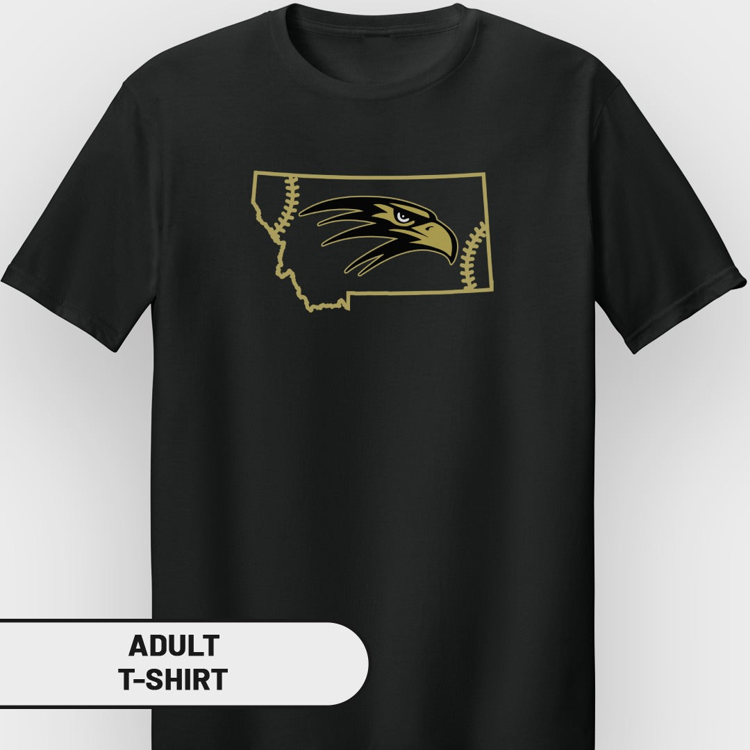 Black t-shirt with Montana outline, eagle head, and baseball stitch design.