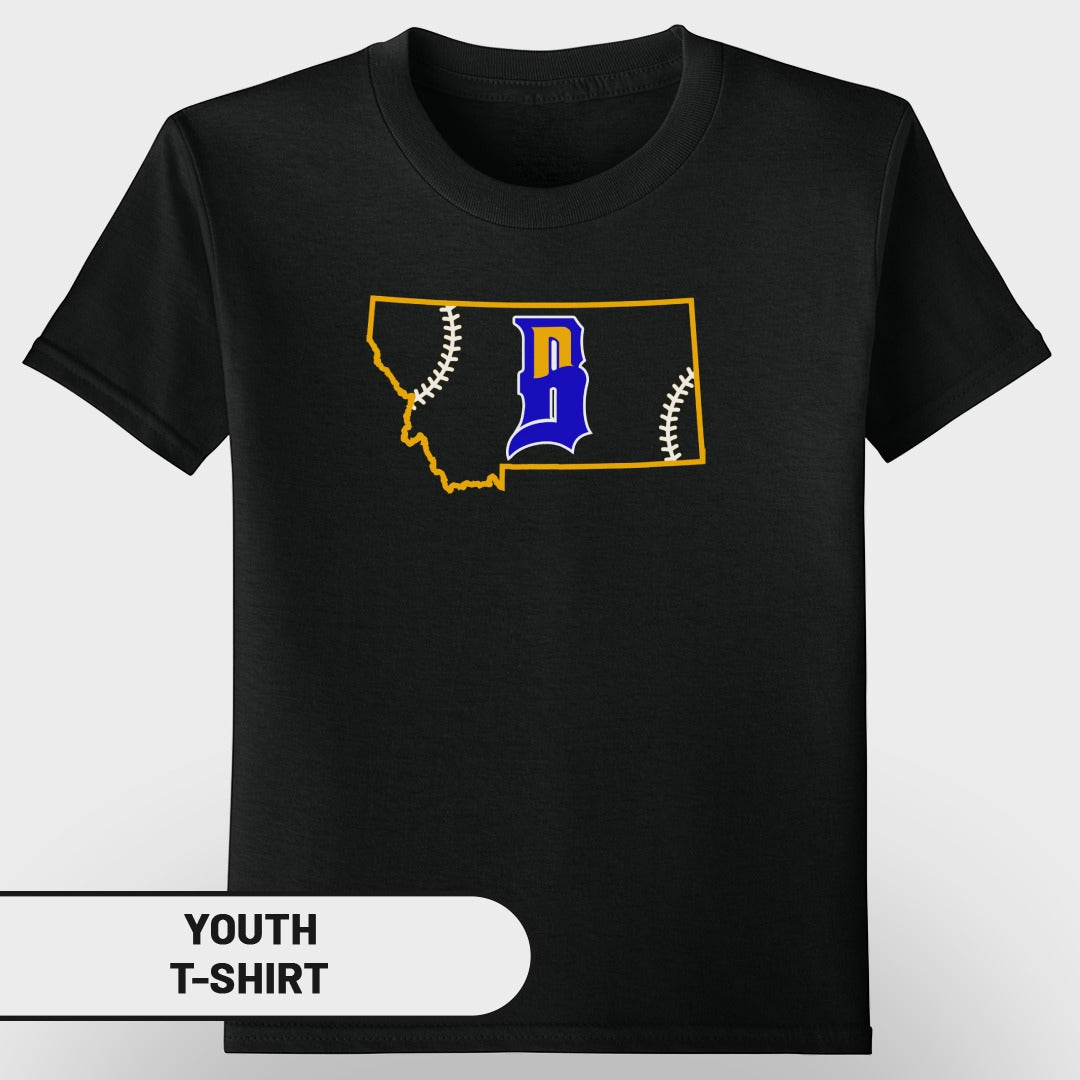 Black t-shirt with Montana outline and baseball stitching with a blue 'B' logo.