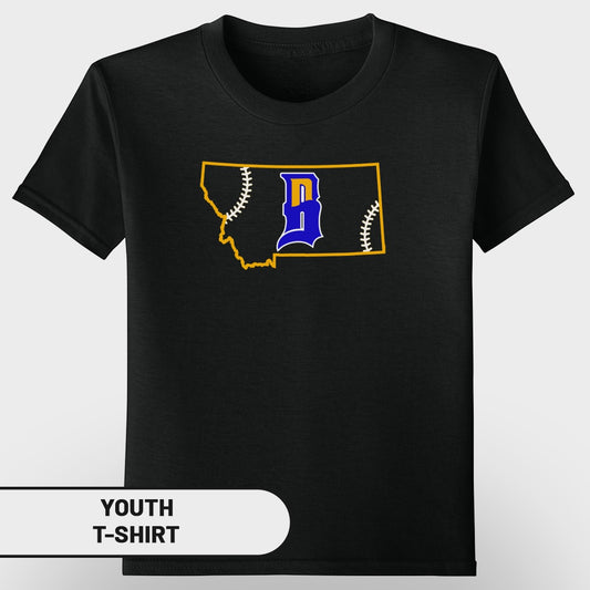 Black t-shirt with Montana outline and baseball stitching with a blue 'B' logo.