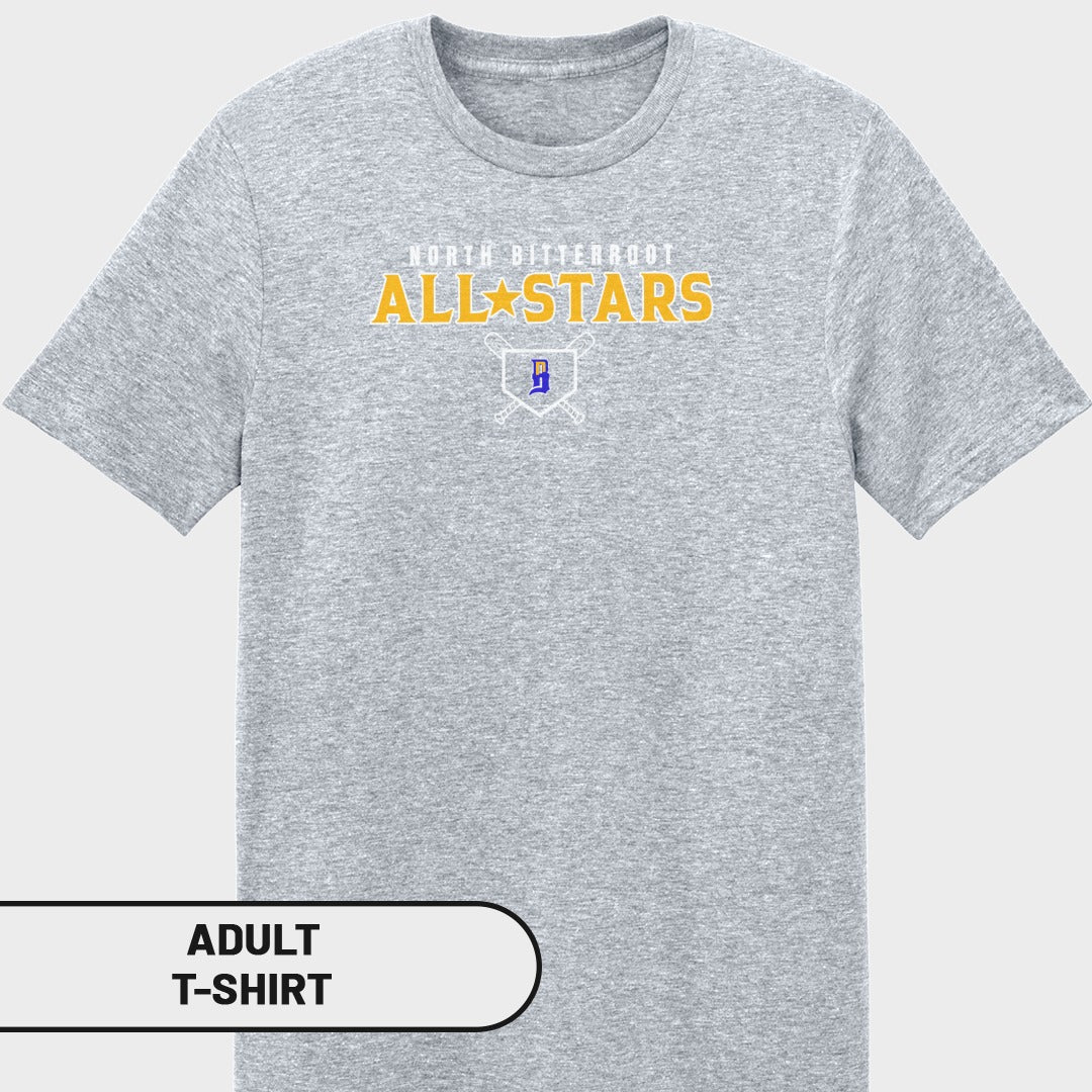 Adult grey t-shirt with "North Bitterroot All-Stars" and baseball graphic.