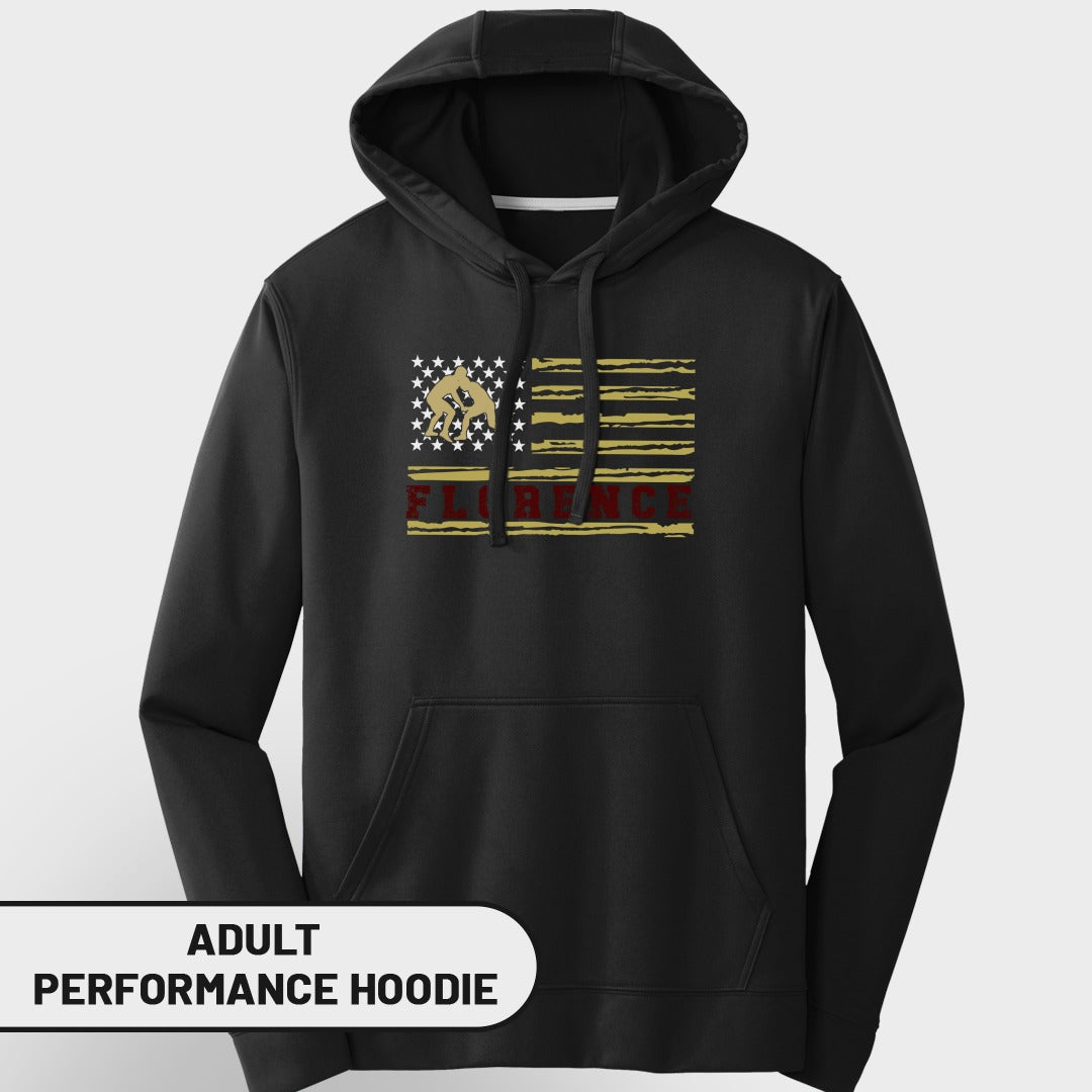 Black adult performance hoodie with American flag design and "FLORENCE" text.