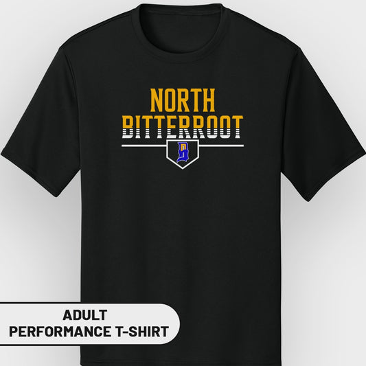 Black t-shirt with "NORTH BITTERROOT" text and a blue baseball diamond logo.