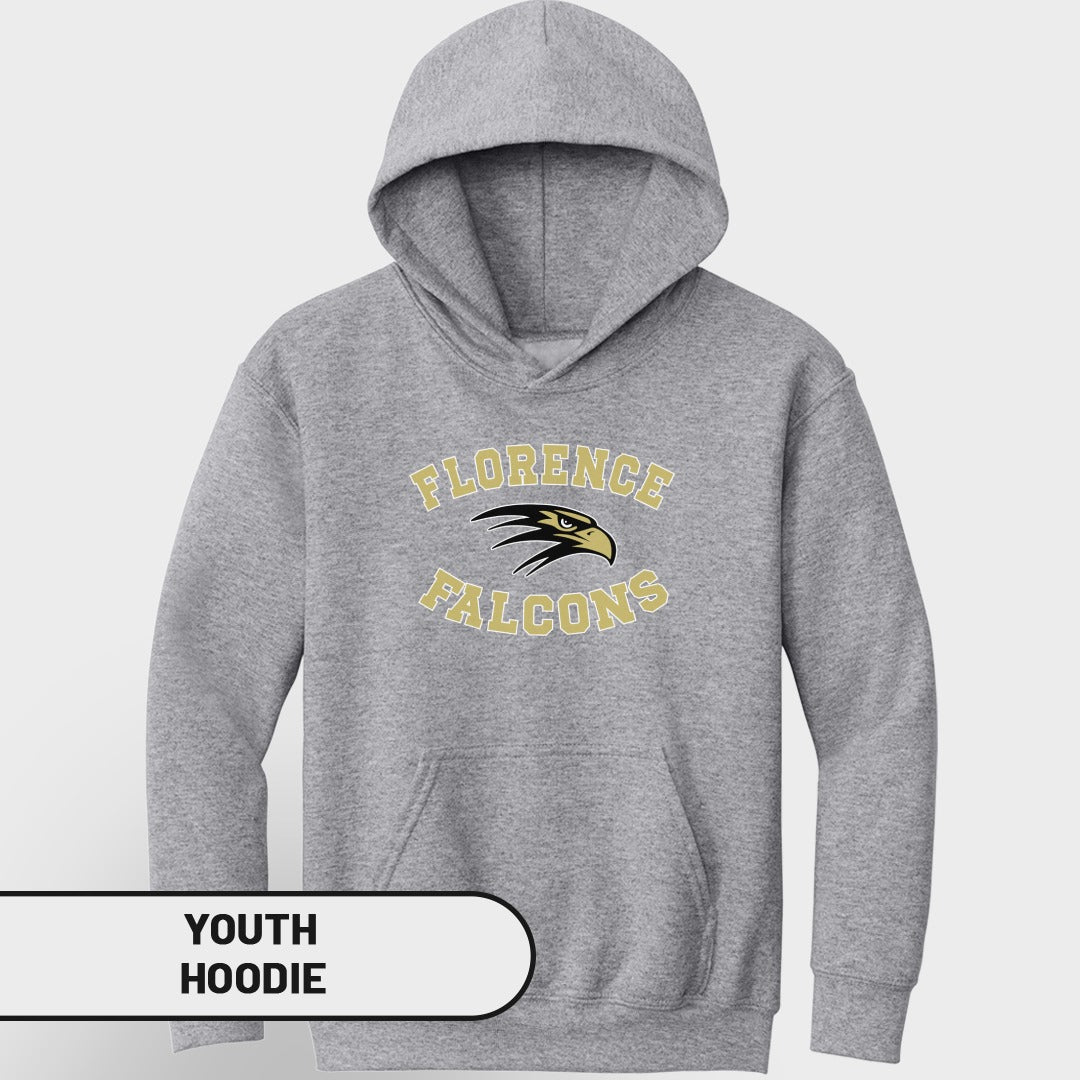 Gray youth hoodie with Florence Falcons logo and text.
