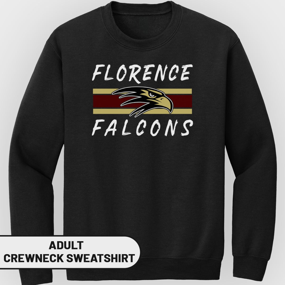 Black adult crewneck sweatshirt with "Florence Falcons" and falcon logo.