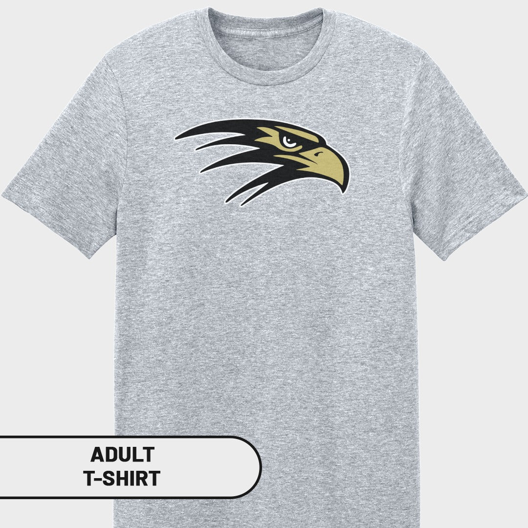 Grey adult t-shirt with a black and gold eagle head logo.