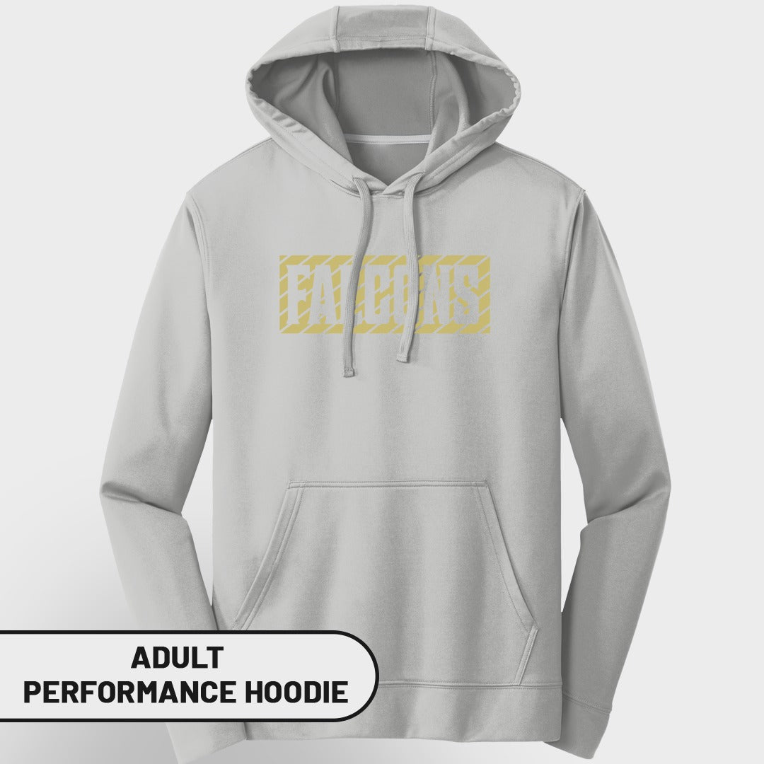 Adult performance hoodie with "FALCONS" text across the chest.