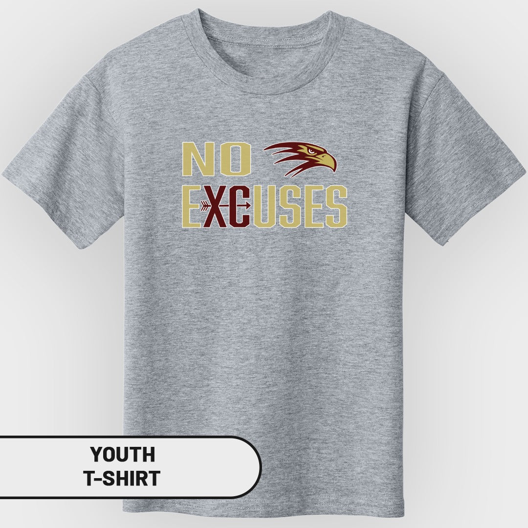 Grey youth t-shirt with "NO EXCUSES" text and an eagle logo.